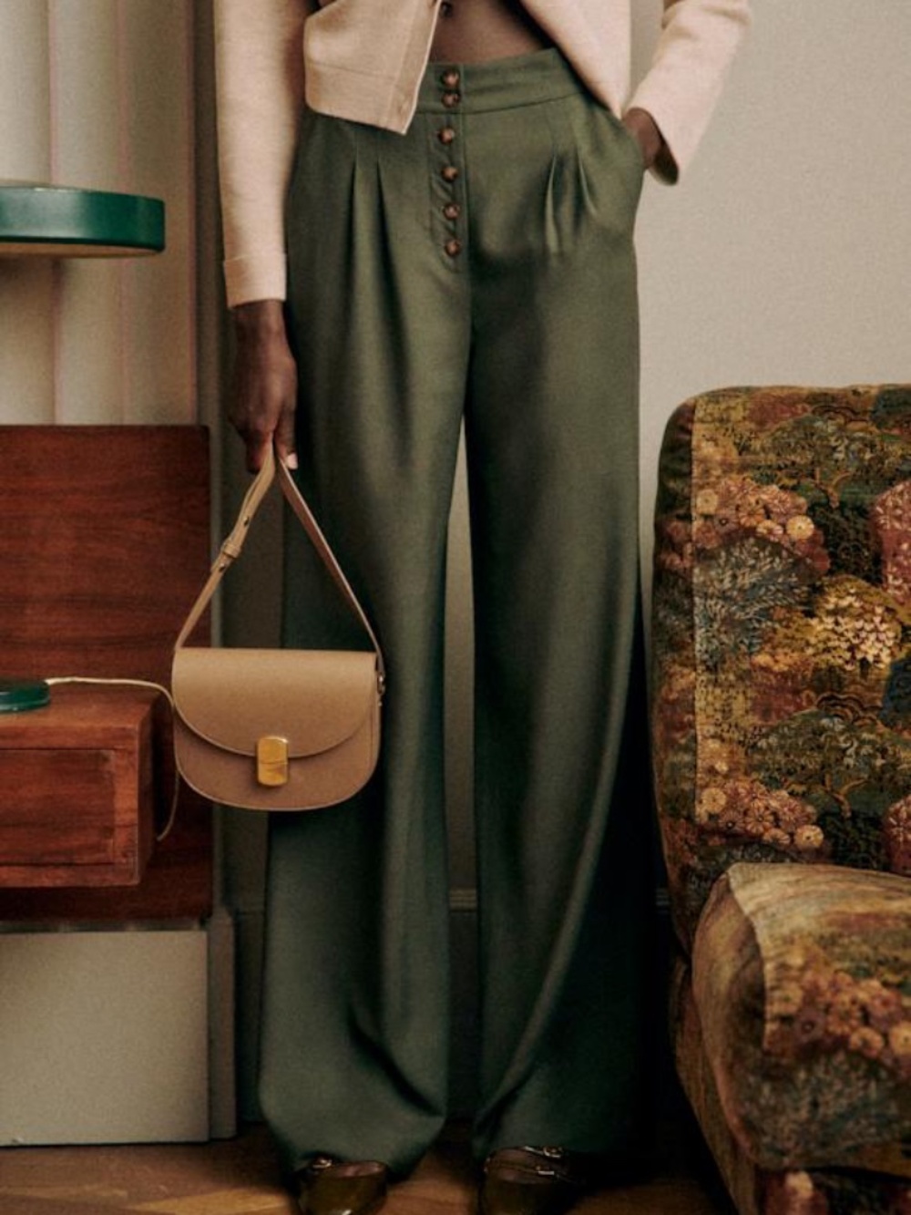 Sezane Cesar Trouser in Dark Khaki, Size 2